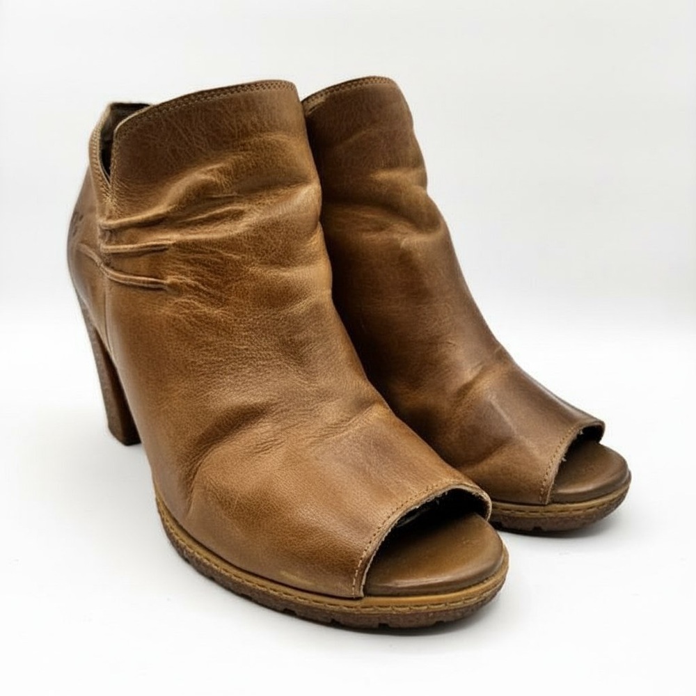 Timberland Brown Leather Peep Toe Ankle Booties Block Heel Zip Up 10 - Picture 2 of 14